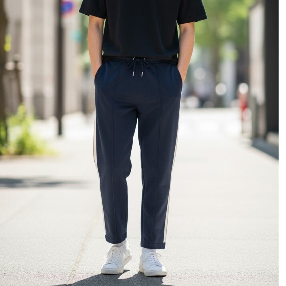 REISS Cohen Pant Size S NEW Navy Blue White Tan Racer Stripe $240 Knit Straight